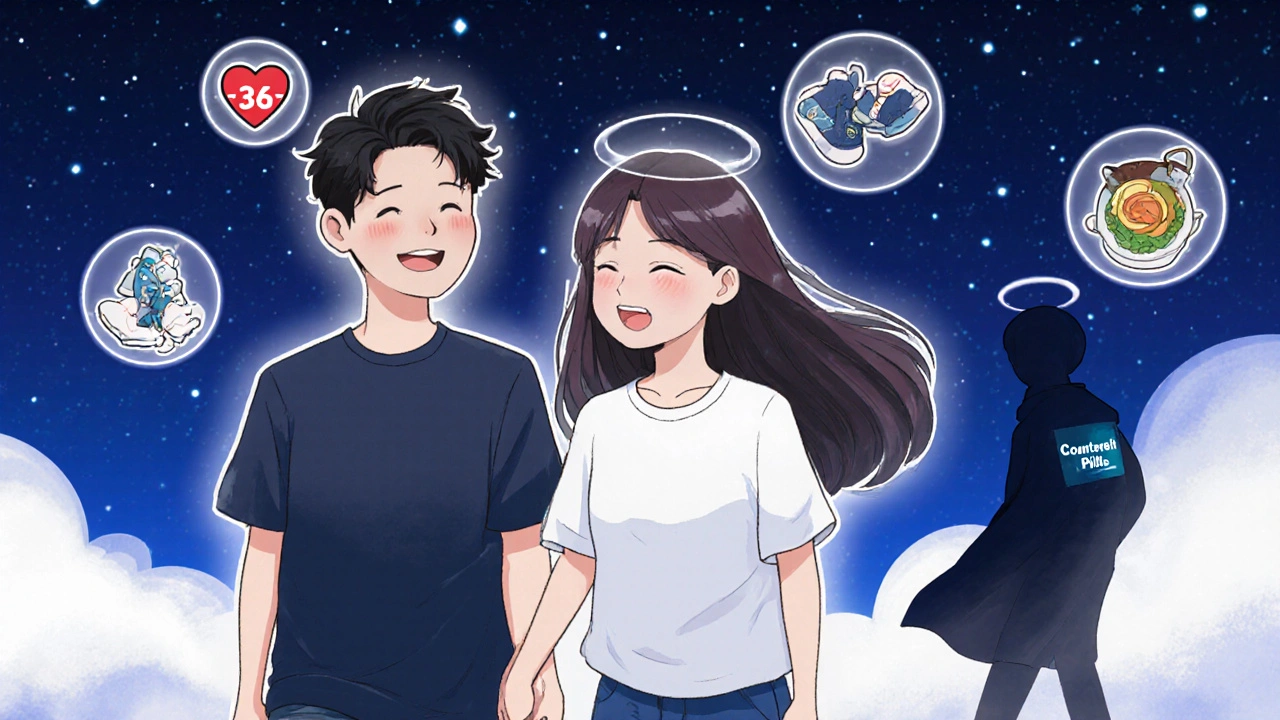 Couple walking under stars with a glowing 36-hour timer around them, healthy lifestyle symbols nearby.