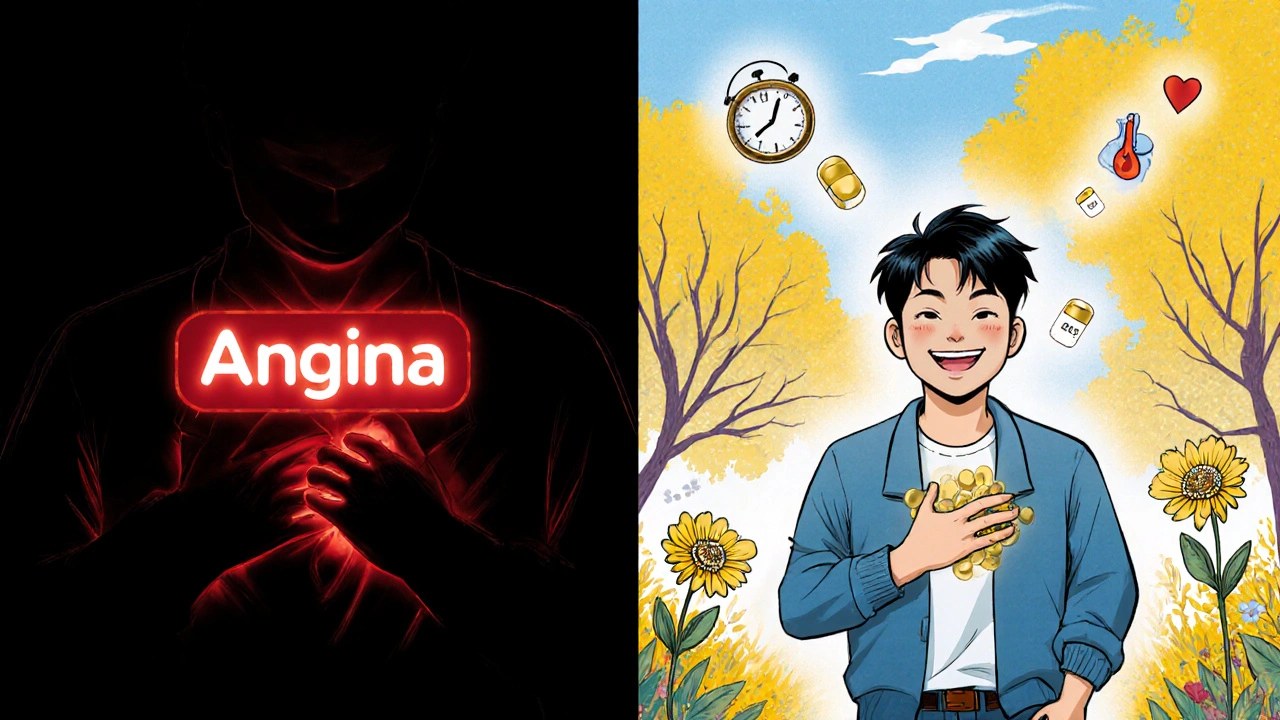 Man transformed from chest pain to walking happily, Calan tablets opening arteries like flowers in stylized illustration.