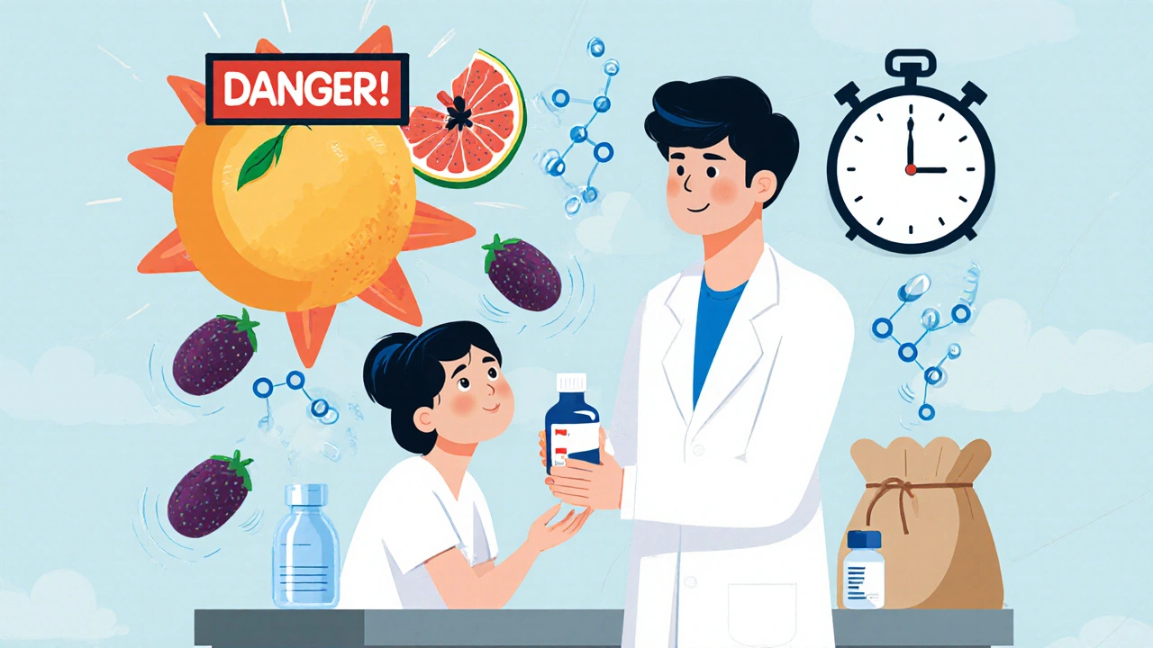Pharmacist giving pill bottle as grapefruit explodes nearby, warning symbols and healthy items float around patient.
