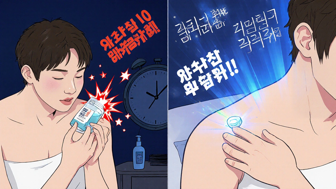 Split scene of incorrect vs correct A-Ret Gel application with floating skincare rules.