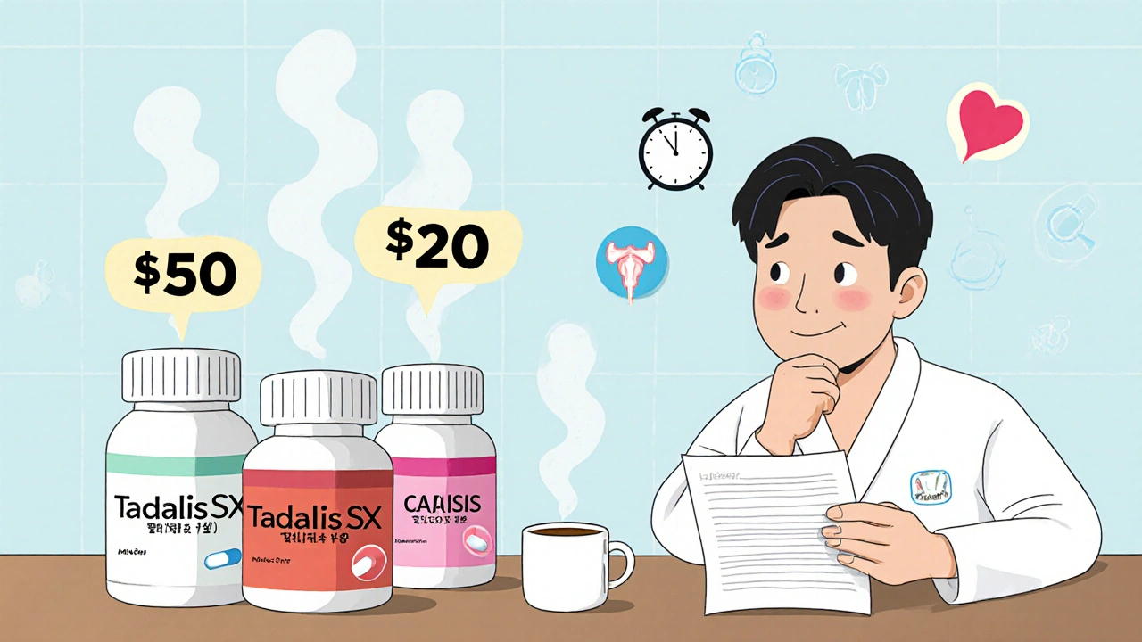 Three pill bottles with price tags on a counter, man holding a prescription, morning light streaming in.