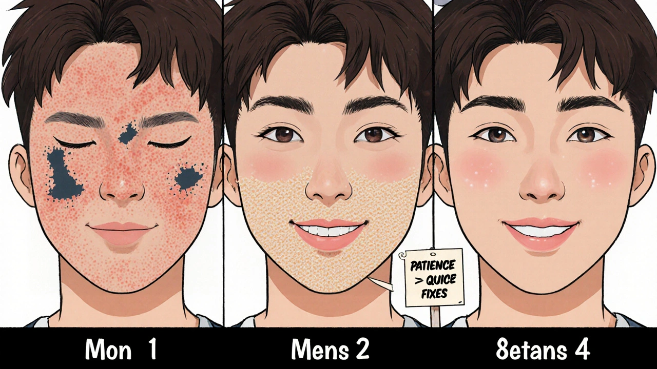 Time-lapse of skin transformation from acne to clarity with glowing collagen fibers.