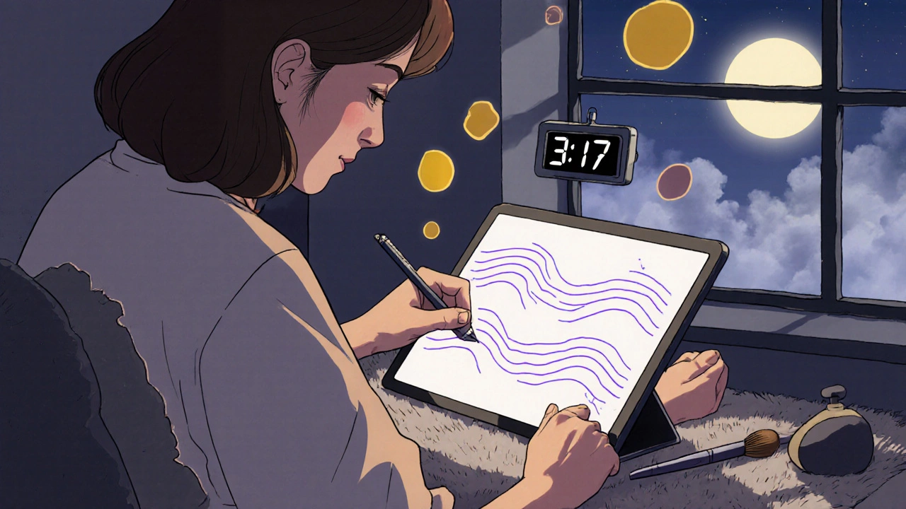 A woman drawing rhythmic breath lines on a tablet with abstract energy shapes around her.