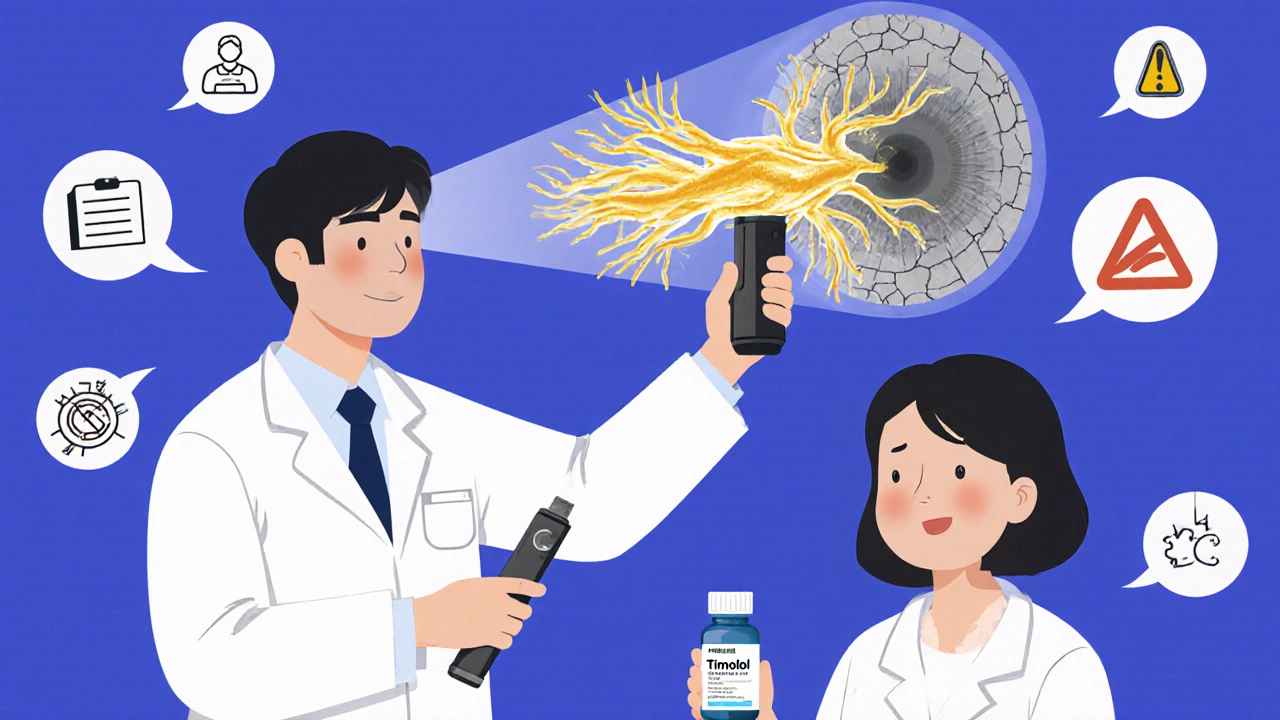 A doctor shows a hologram of healthy vs. damaged optic nerves to a patient who is ignoring the warning signs.