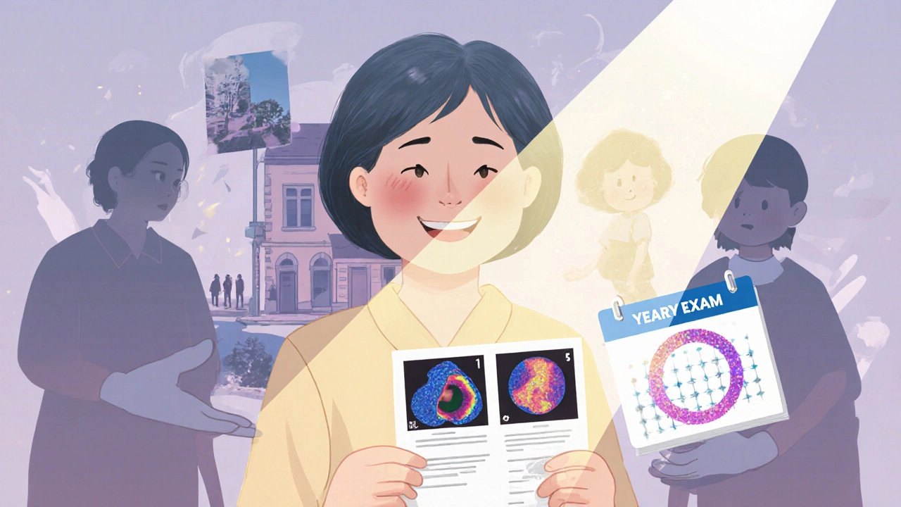 An elderly woman holds her OCT scan showing nerve thinning, while shadowy lost visions fade away around her.