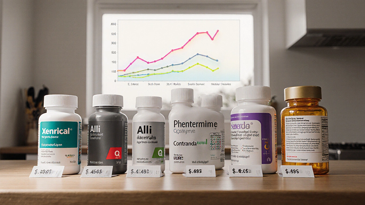 Array of weight‑loss medication bottles on a counter, each with a subtle color hint.