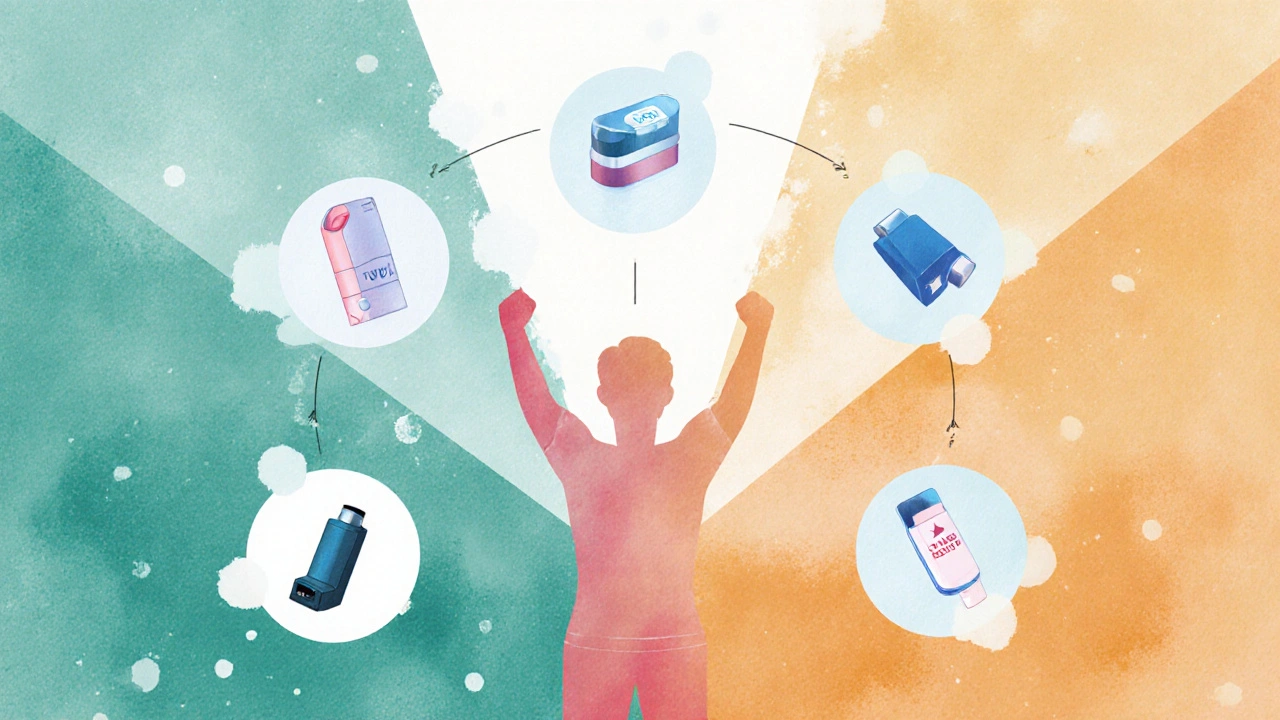 Artistic layout showing a patient surrounded by various COPD inhalers.
