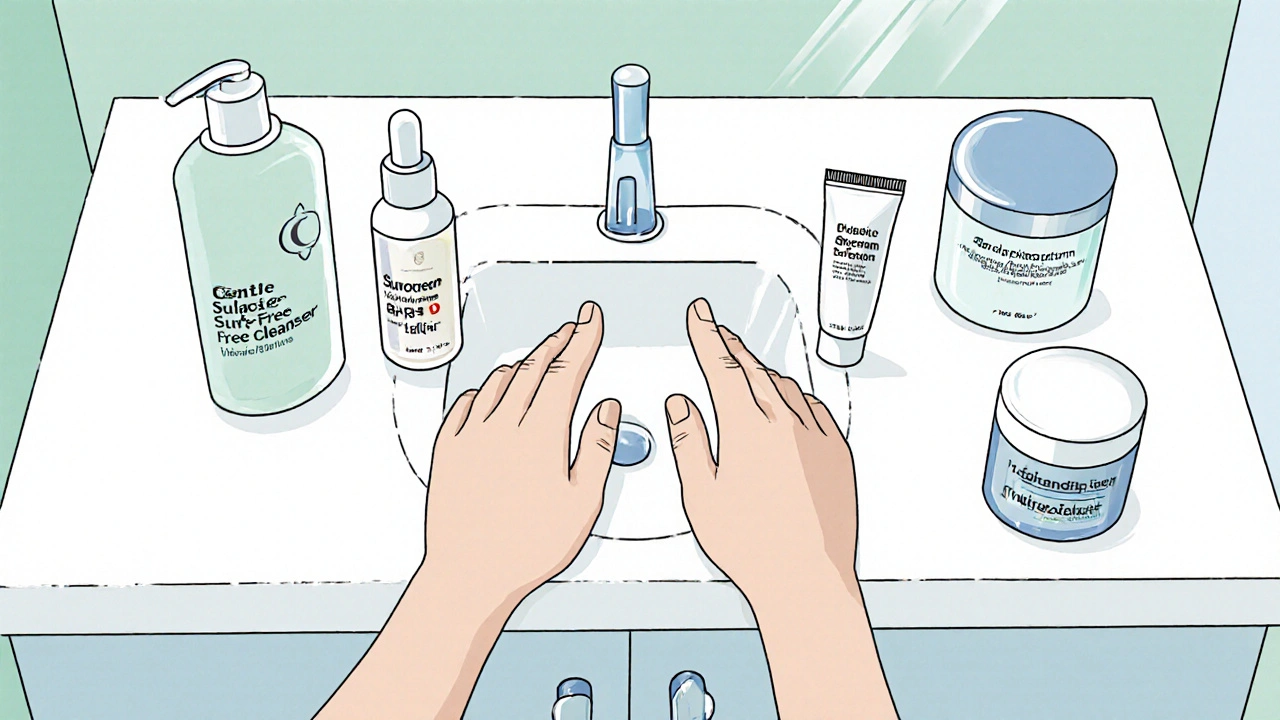 Bathroom counter shows cleanser, vitamin C serum, sunscreen, hydroquinone, and moisturizer arranged for a skincare routine.
