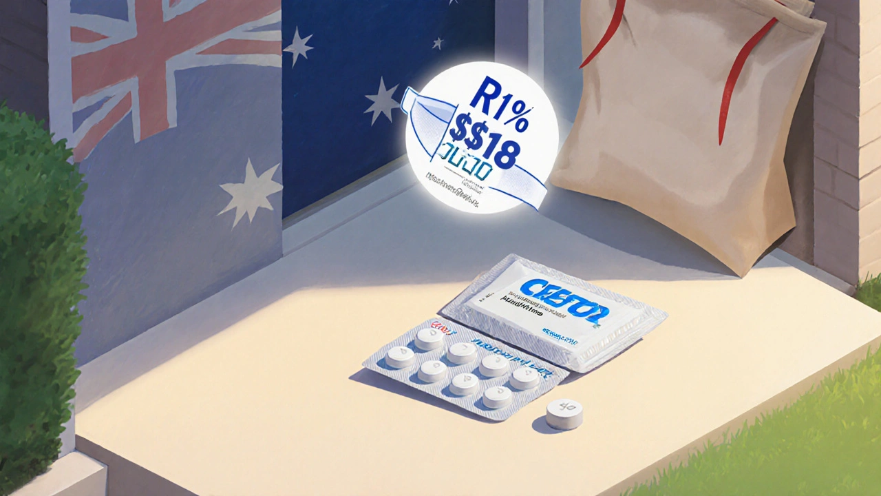 Courier bag on a doorstep with generic Crestor blister pack and price tag.