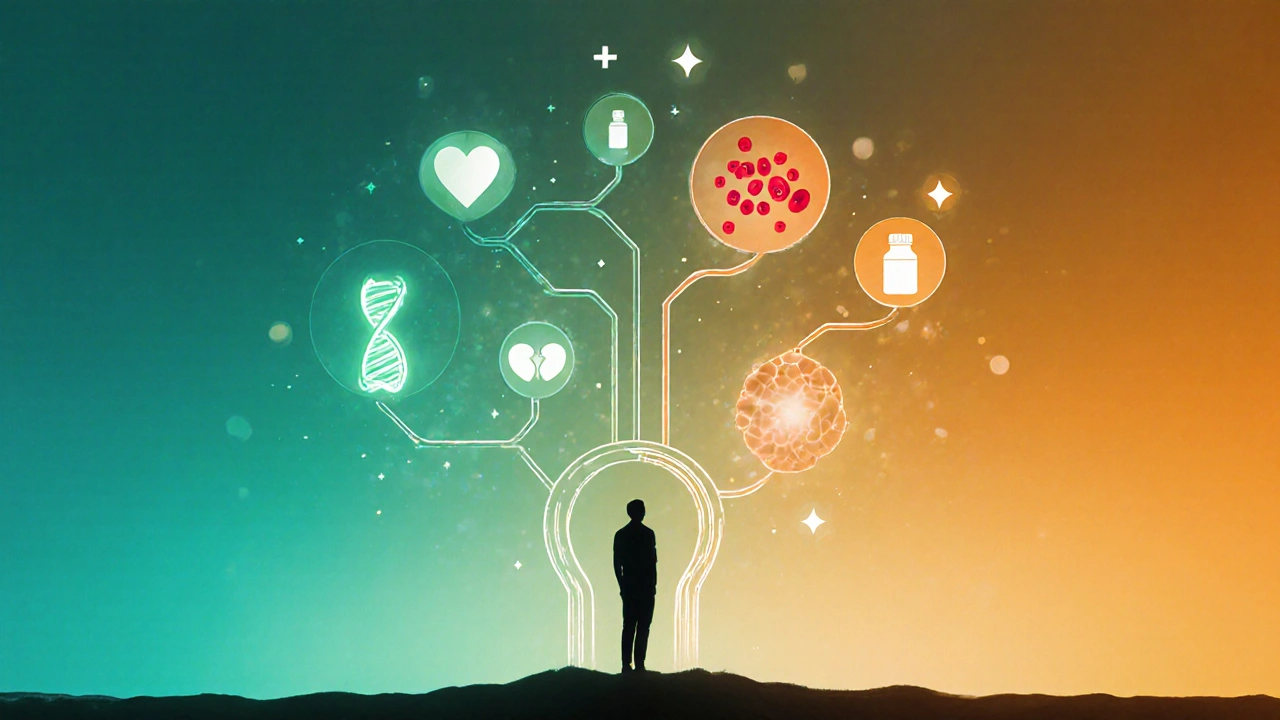 Decision tree with a person choosing between folate forms, showing DNA, heart and blood cell icons.