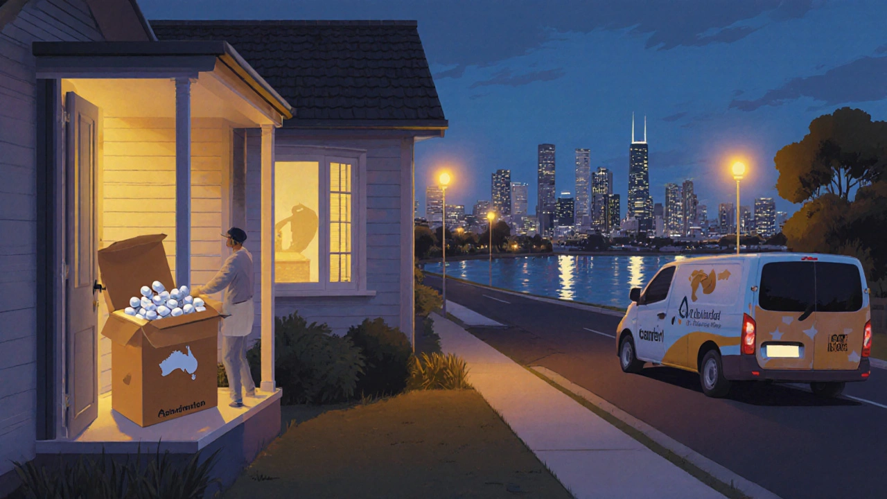Delivery courier handing a box of generic acetaminophen tablets to a home in Perth at dusk.