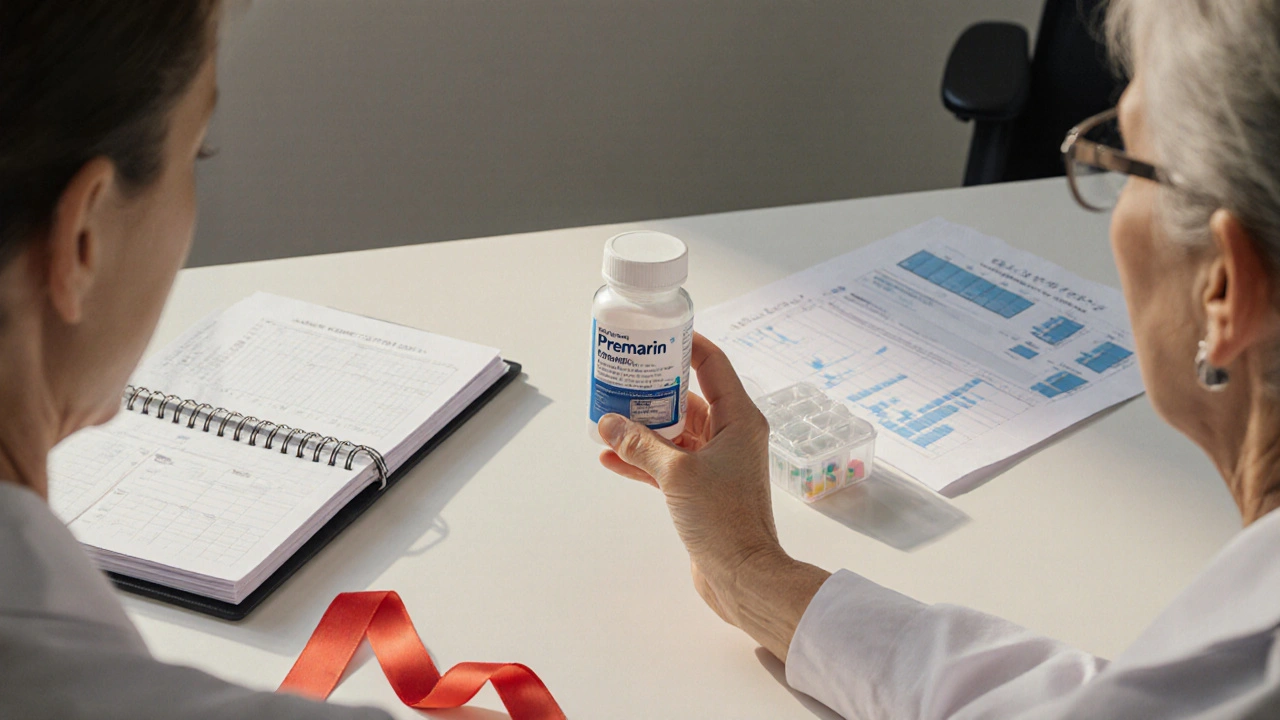 Doctor&#039;s office scene with woman holding Premarin bottle, diary, and lab report on the desk.