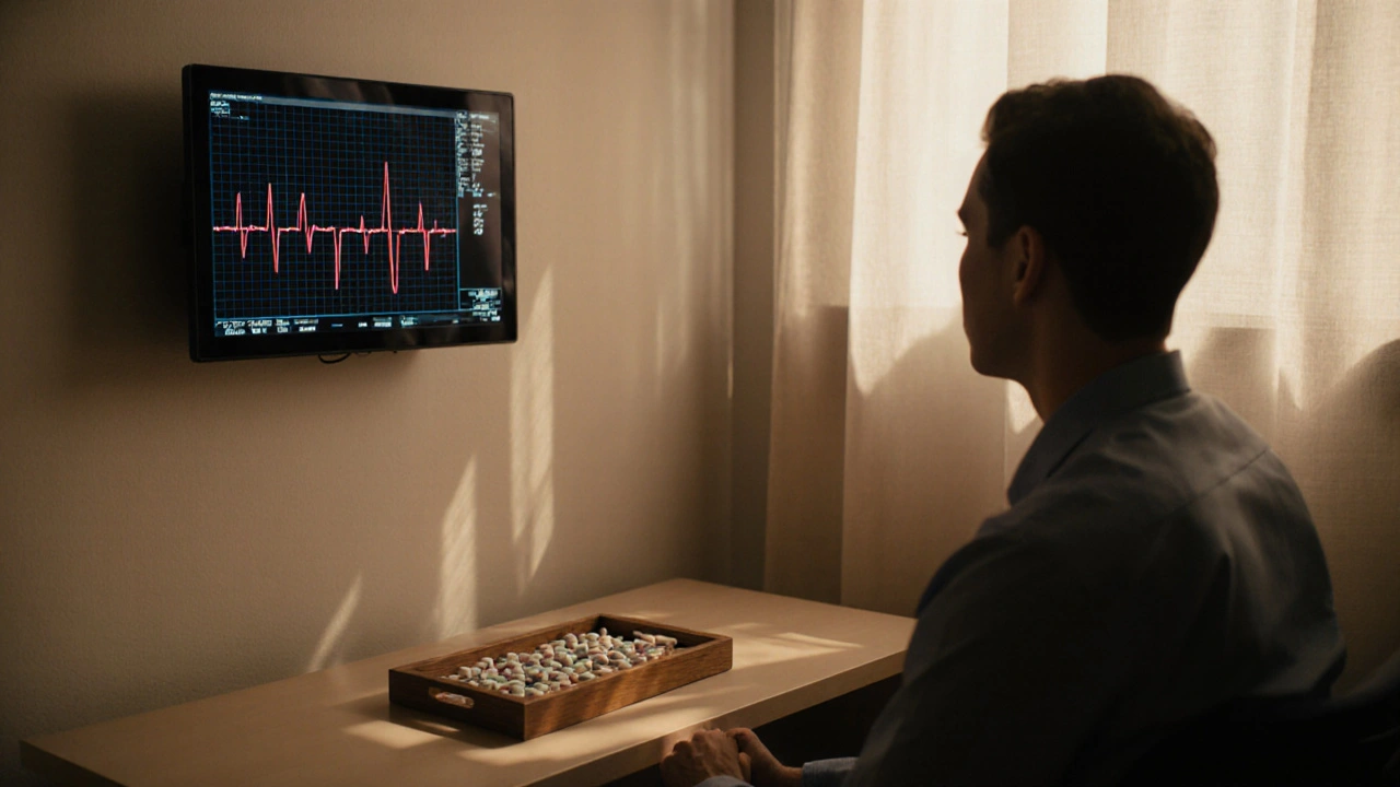 Doctor and patient discussing treatment with heart monitor behind.