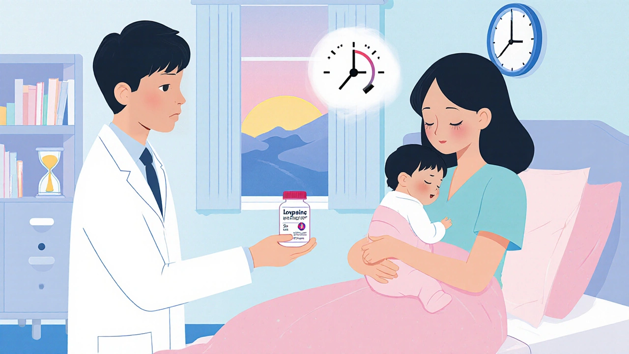 Doctor gives loxapine tablets to sleeping mother holding baby, clock showing 2‑hour peak.