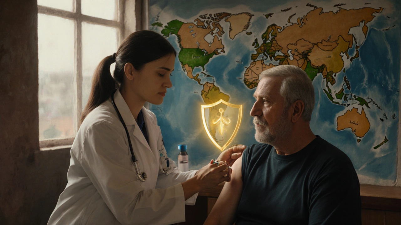 Doctor giving hepatitis A/B vaccine, shield aura indicating protection.