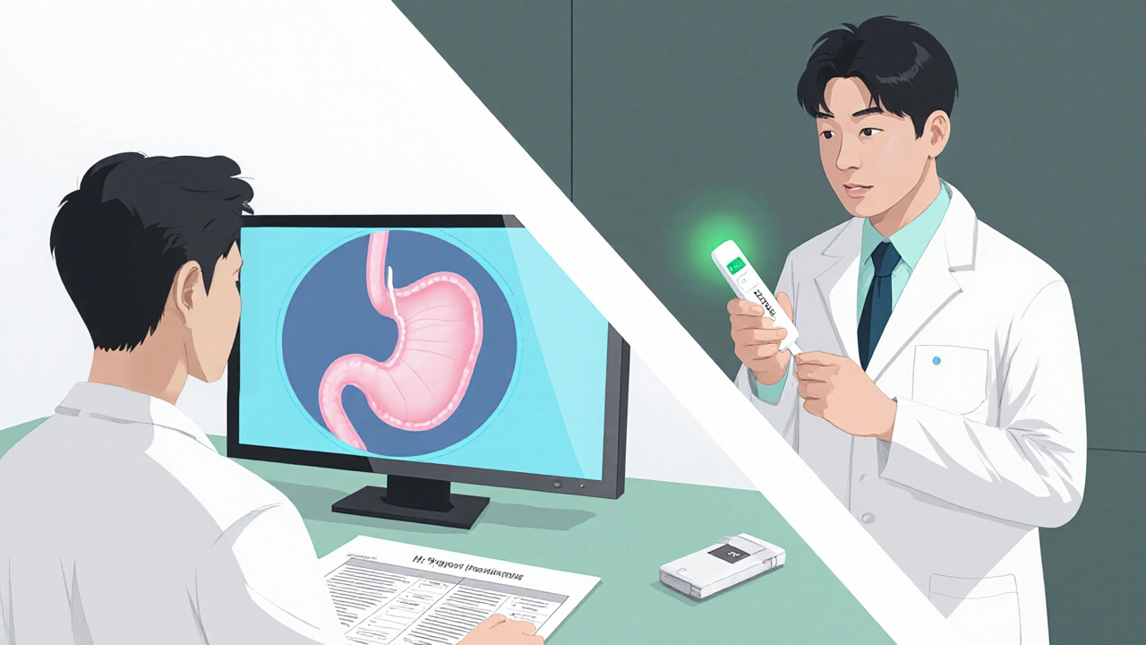 Doctor reviewing a normal endoscopy screen and a H. pylori breath test kit.