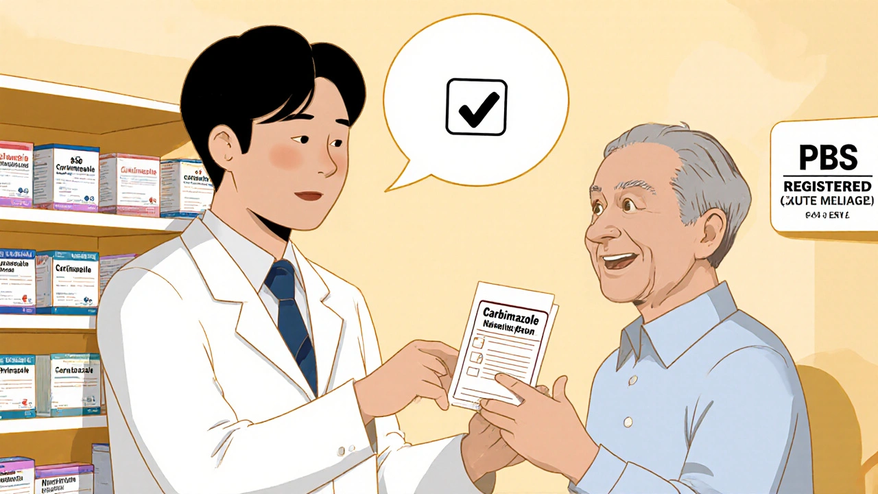 Elderly man receiving 90-day carbimazole prescription from smiling pharmacist with safety net confirmation.
