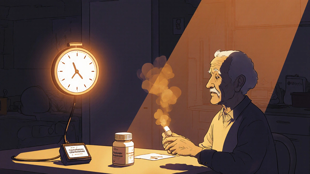 Elderly patient with chlorthalidone pill and glowing 48-hour clock beside them.