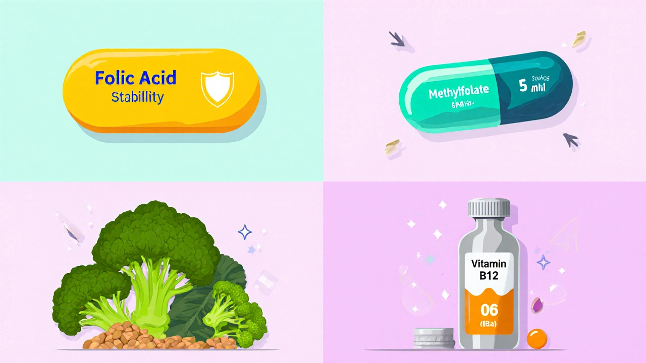 Flat illustration comparing folic acid pill, methylfolate capsule, vegetables, and B‑vitamin supplements.