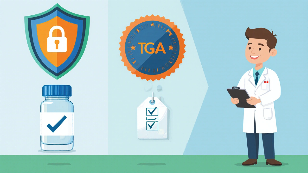 Flat illustration of safety checklist icons: padlock, registration badge, medicine bottle with pharmacist.