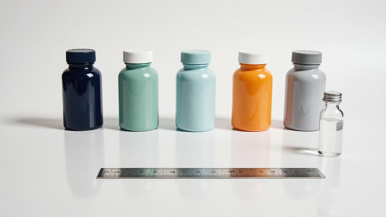 Flat‑lay of five different heart‑medicine pill bottles on white.