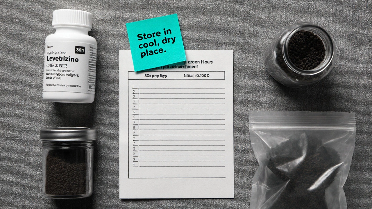 Flat‑lay of storage and disposal checklist items for levocetirizine in limited colors.
