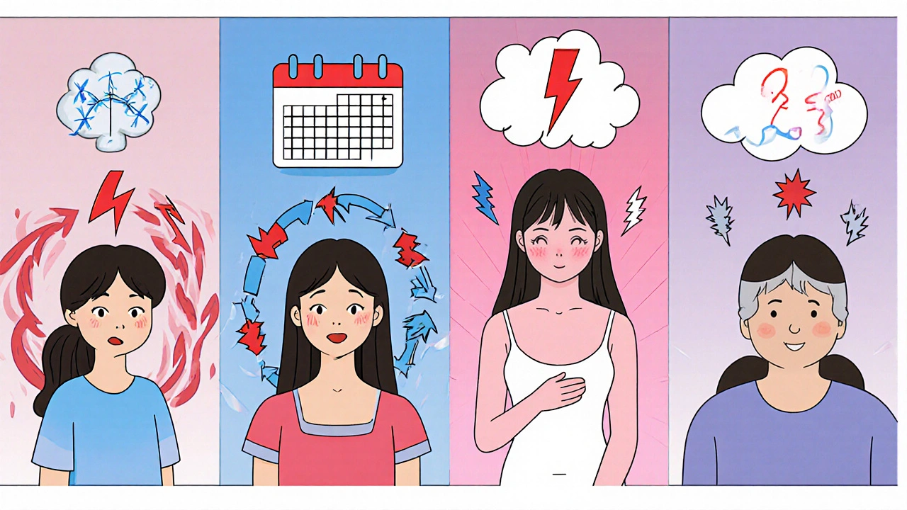 Four panels showing puberty, menstrual cycle, pregnancy, and menopause with hormone icons and seizure effects.