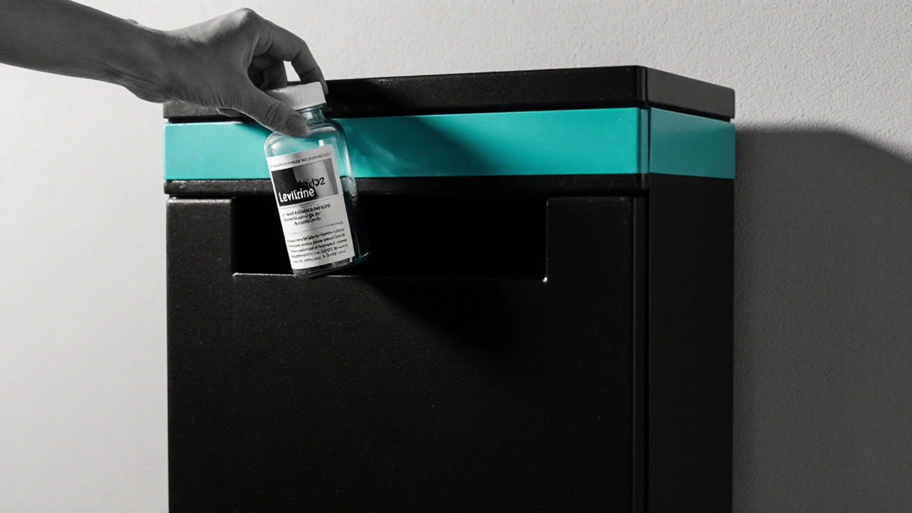 Hand placing a medication bottle into a pharmacy take‑back box, monochrome with teal accent.