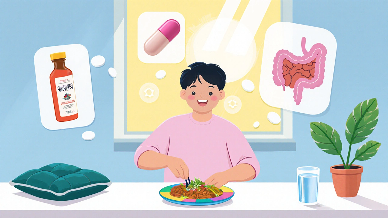 Happy individual preparing small meals, meditating, with medication icons nearby.