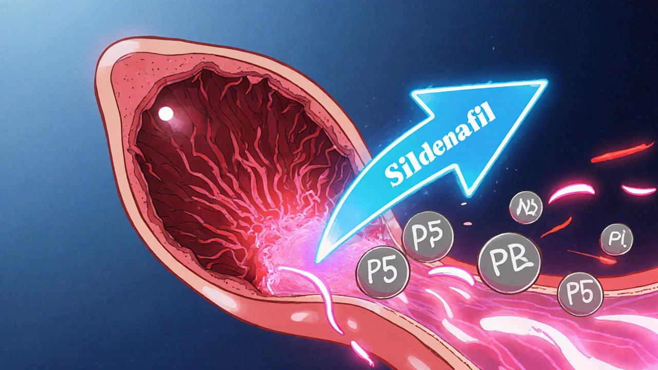 Illustration of blood flow increase in penis due to a blue pill blocking enzymes.