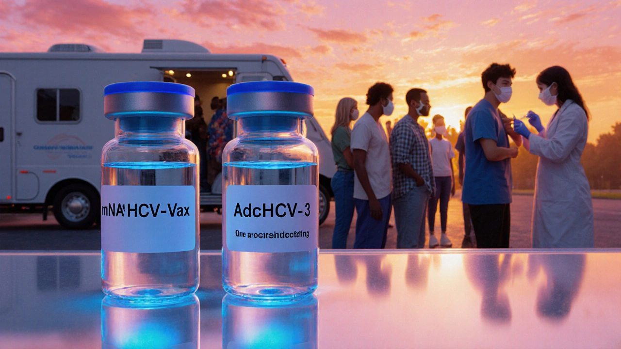 Lab vials of HCV vaccine concepts and community clinic offering shots to at‑risk people.