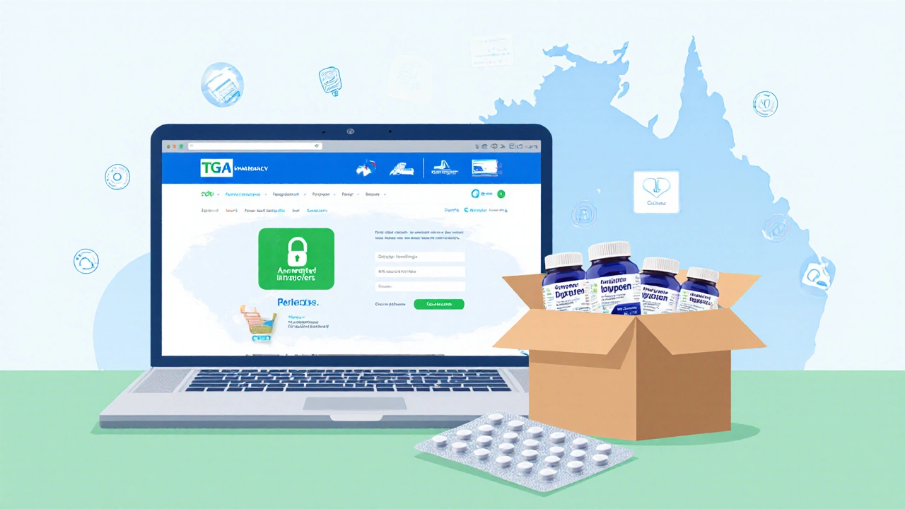 Laptop screen showing accredited online pharmacy and a delivered box of generic ibuprofen.