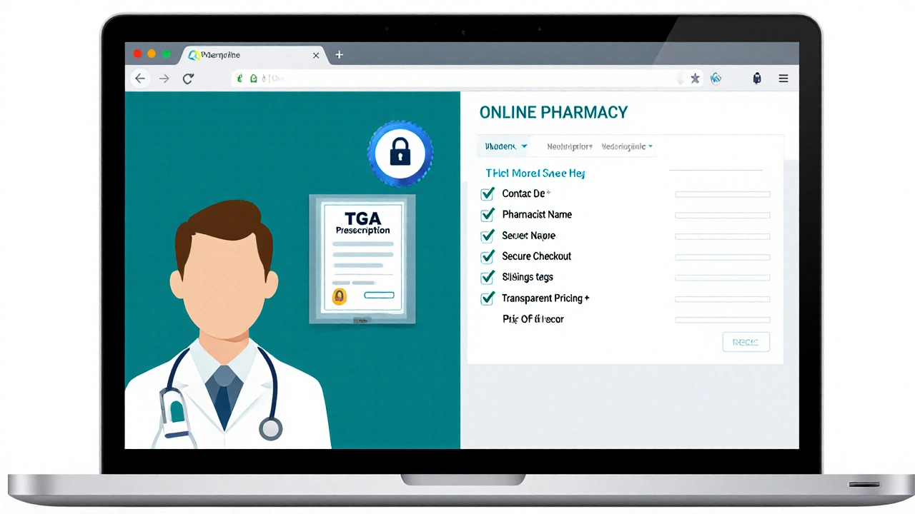 Laptop screen showing telehealth doctor and online pharmacy checklist with secure icons.