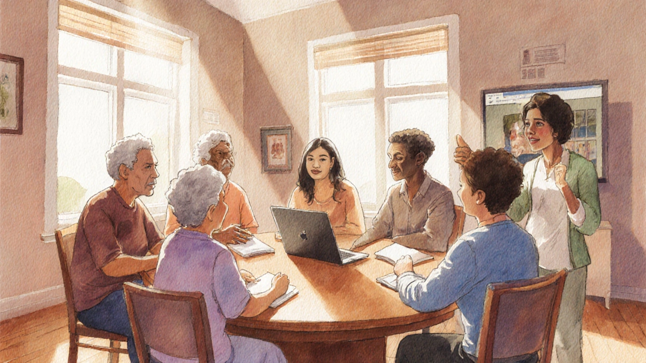 Mixed in‑person and virtual MS support group gathered around a table.