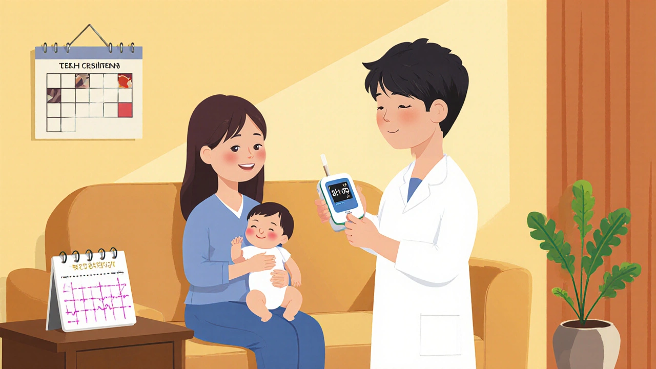 Mother breastfeeding at home, nurse checking ECG, father smiling, warm comforting scene.