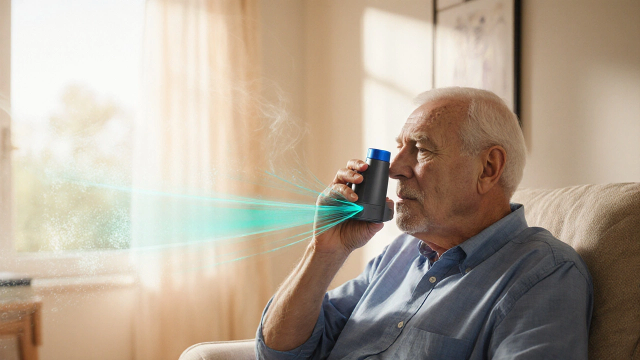 Older man using a Tiova inhaler with visual airflow in a bright room.