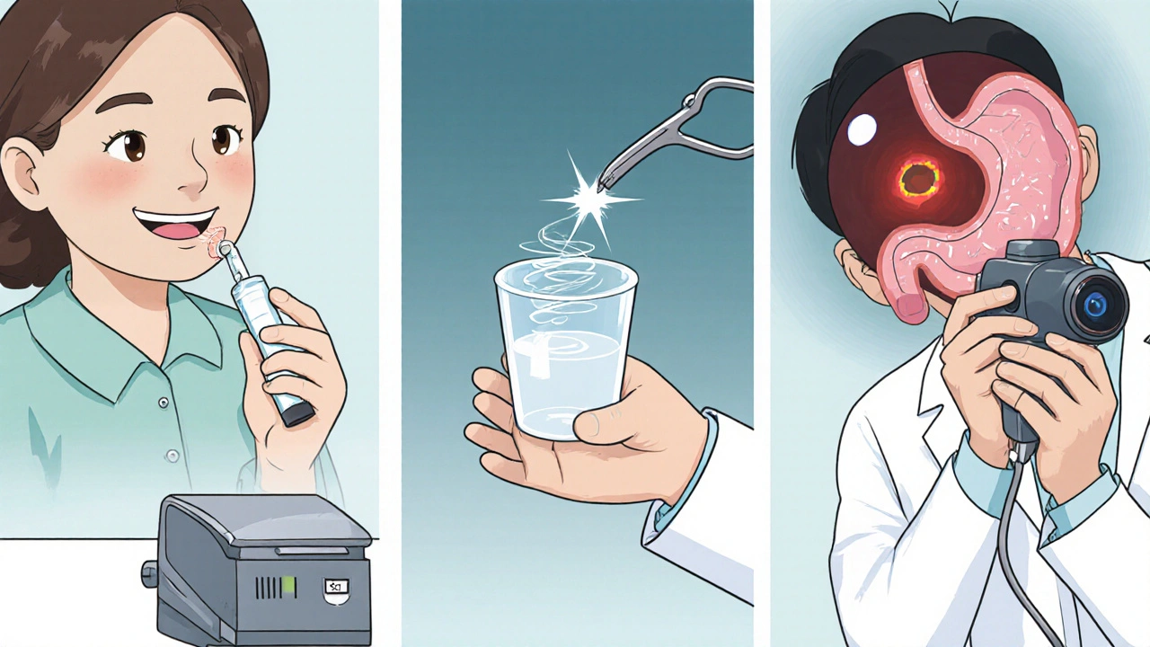 Panel depicts urea breath test, stool sample, and endoscopy with biopsy for H. pylori.