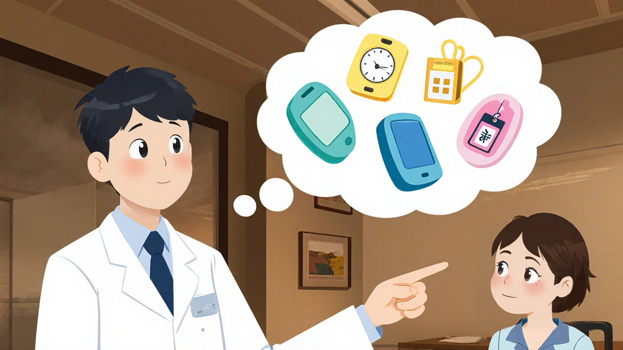 Patient and doctor discussing medication options with floating pill icons and symbols.
