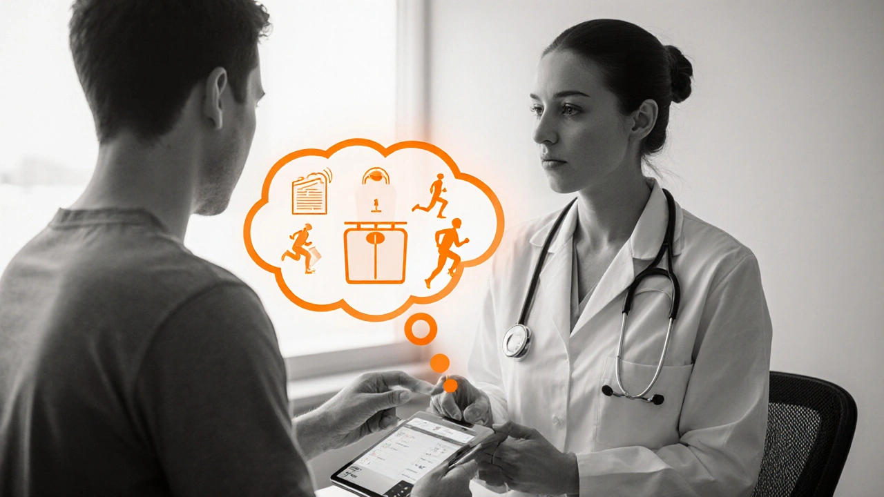 Patient and doctor discussing weight‑loss options, orange thought bubble of scale.
