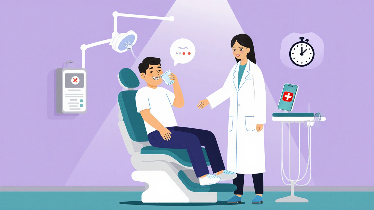 Patient sits upright after dental work, sipping water while dentist checks balance.