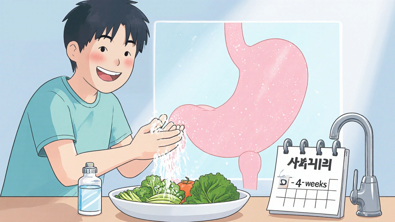 Patient washes hands, eats healthy food, and shows healed stomach after treatment.