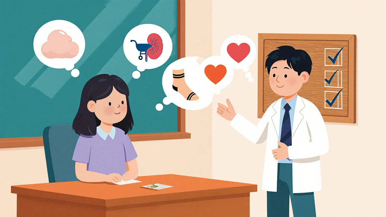 Patient with thought bubbles of health factors discussing medication options with a doctor.
