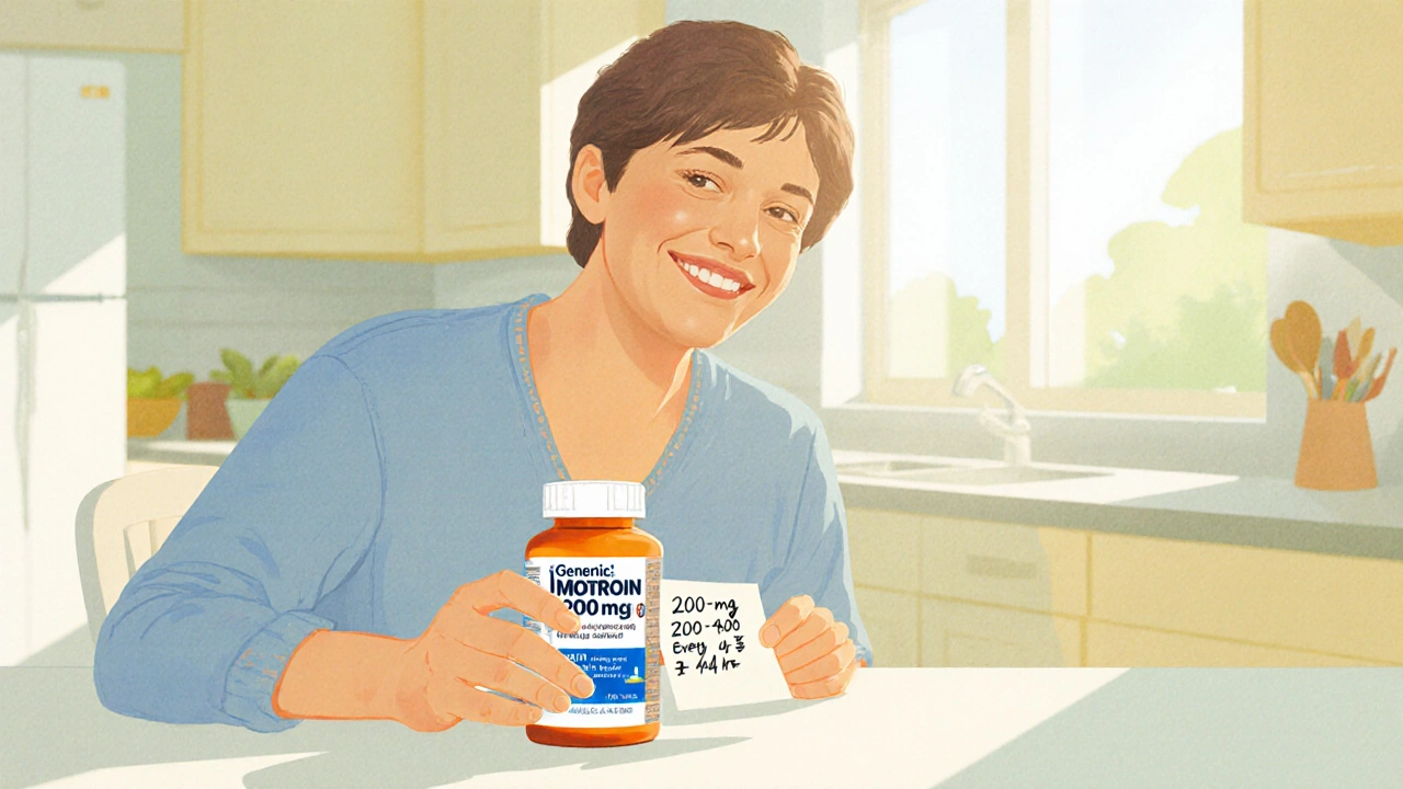 Person at home holding a bottle of generic ibuprofen with a dosage note on a kitchen table.