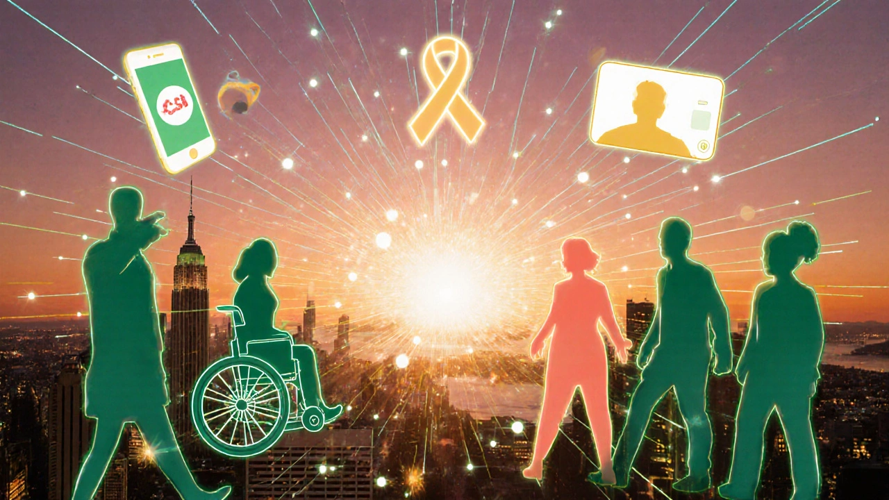 Silhouettes linked by glowing lines with digital icons, representing supportive community.
