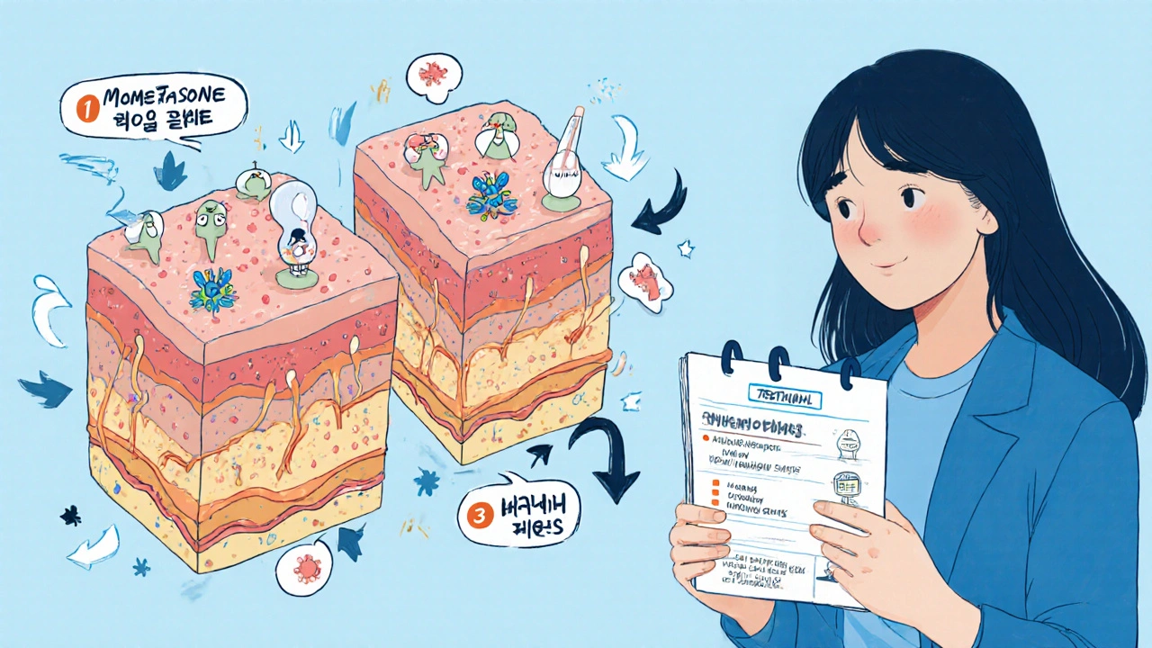 Skin cross‑section showing hormone receptors and arrows, woman noting weight, mood, and menstrual changes.