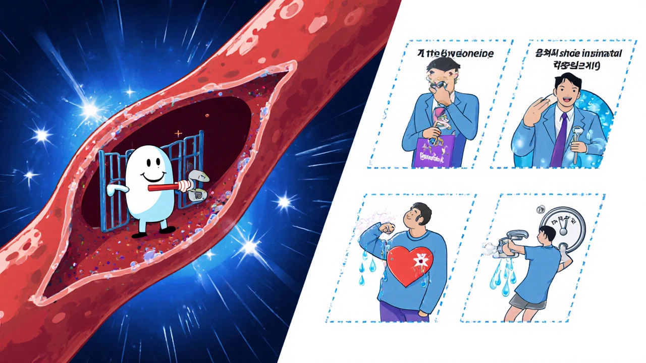Split scene showing drug avatars illustrating how each hypertension medication works.