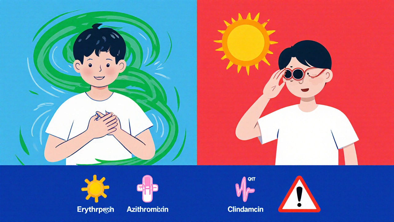 Split scene shows side‑effects: stomach upset for erythromycin and sun exposure for doxycycline.