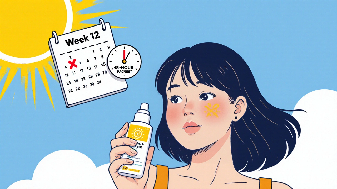 Woman applies sunscreen outdoors, with a calendar showing a 12‑week limit and safety icons.