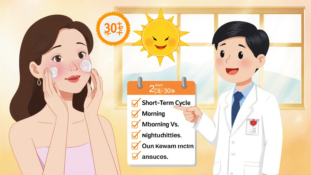 Woman applying cream only on patches, doctor pointing to checklist, sun with SPF badge in background.