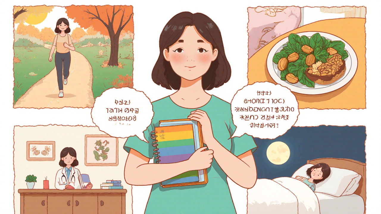 Woman using a seizure diary, exercising, eating magnesium foods, seeing a doctor, and sleeping peacefully.